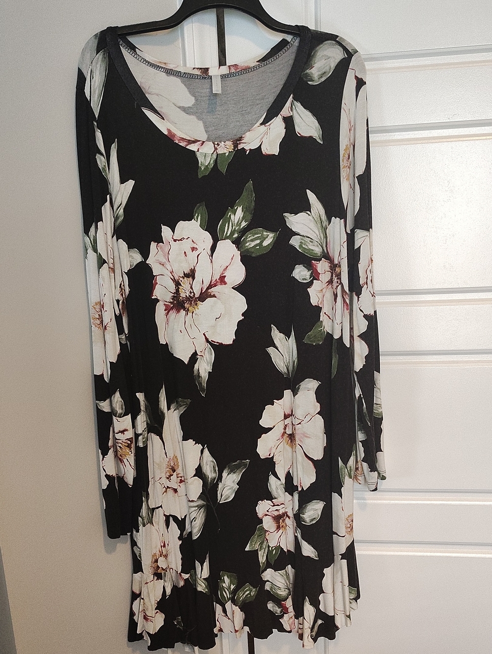 Black Floral Long Sleeve Swing Dress With Ruffle Hem And POCKETS!!!
